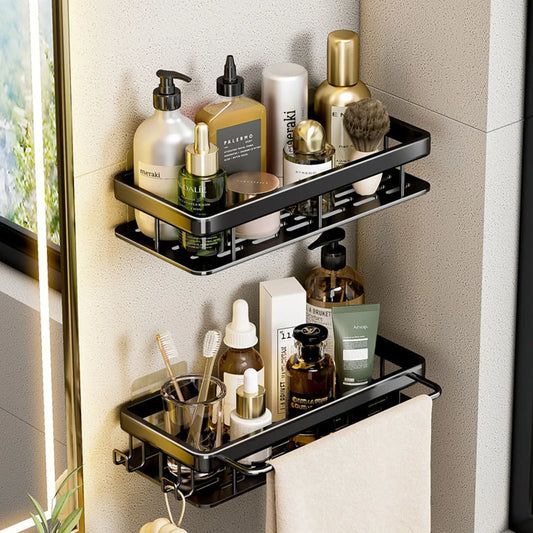 No-Drill Matte Black Shower Caddy Set of 2 | Adhesive Bathroom Shelf Storage Rack, Rustproof Aluminium